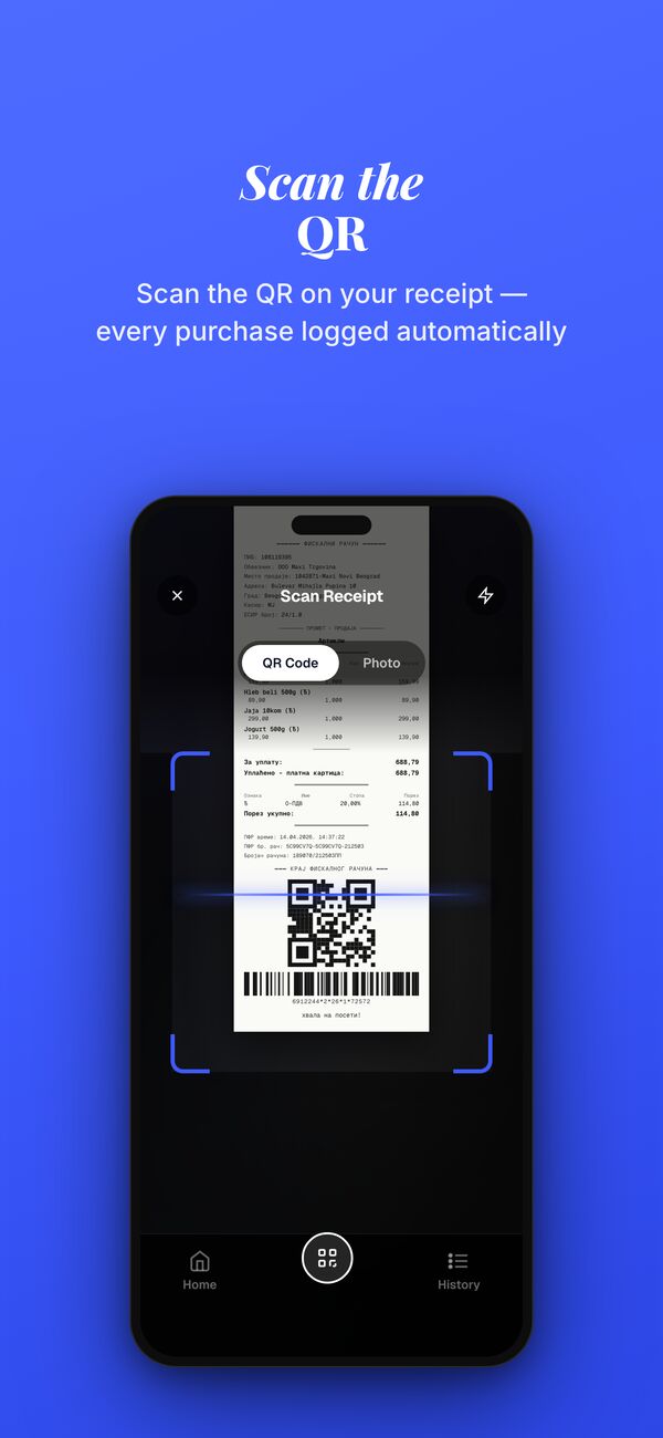 LOOT scanner pointed at the QR code of a Serbian fiscal receipt